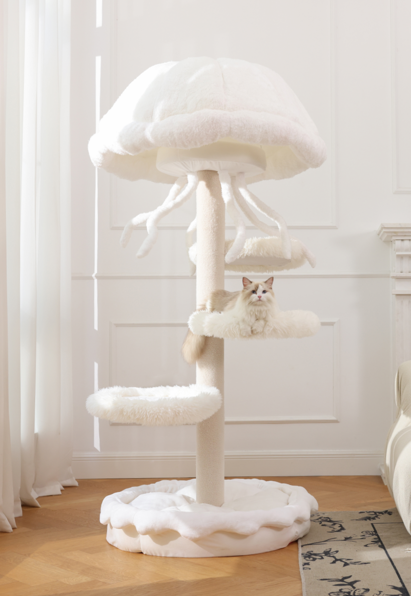 An easy-to-clean white cat tree, reflecting elegance.