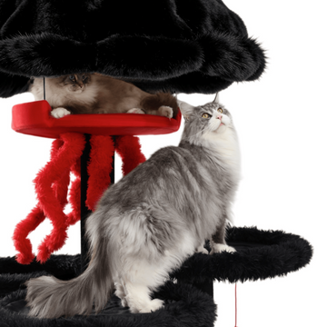Black and red plush cat tree house for large cats