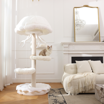 The elegant white jellyfish cat tree is made of high-quality fabric and premium wood.