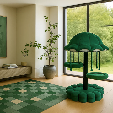 A green European mid-century cat tree, its design inspiration drawn from jellyfish.
