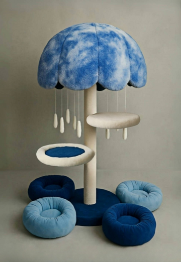 Blue and white Nordic-style cat scratcher tower