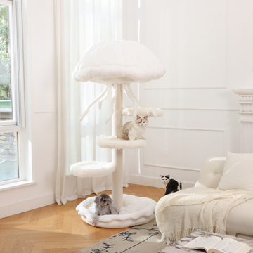 The modern cat tower is in harmony with the modern home decor style.