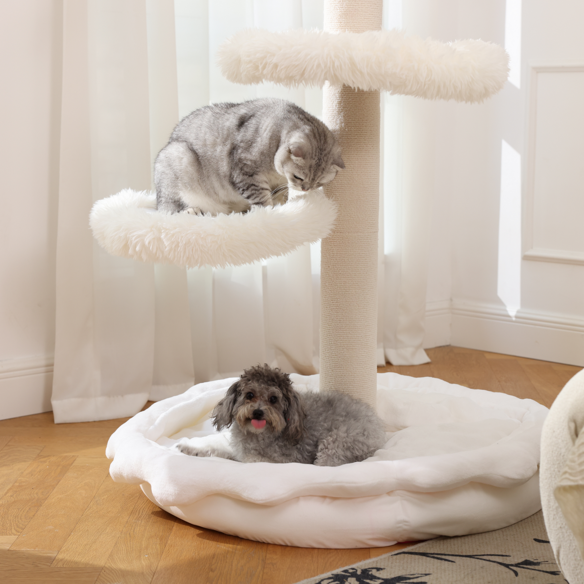 A sturdy cat tree made of solid wood.