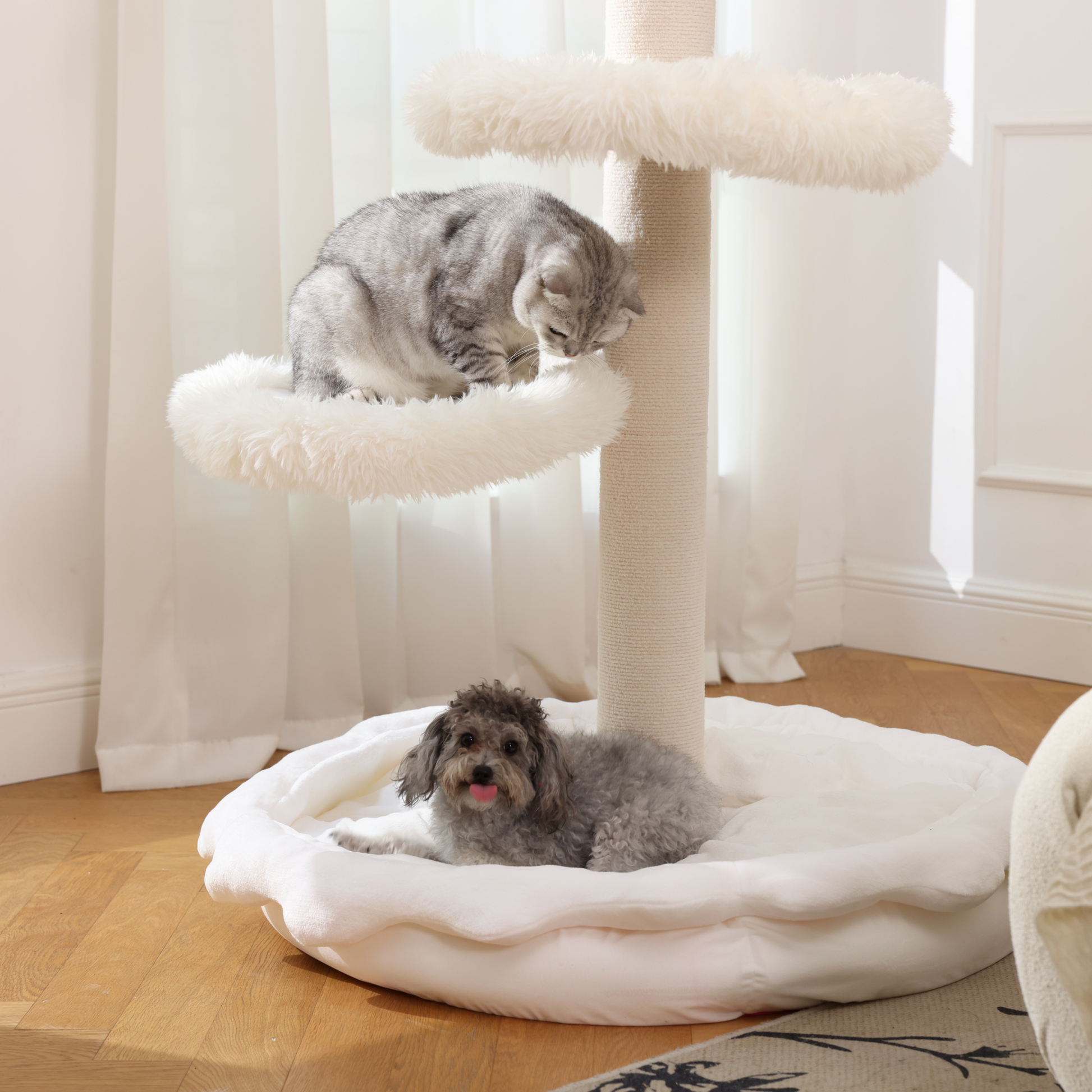 A sturdy cat tree made of solid wood.